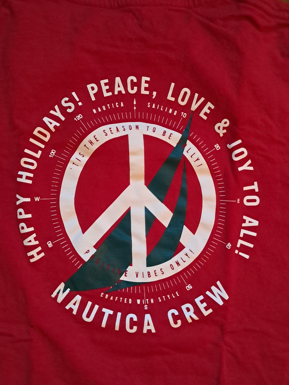 Nautica Crew Red Holiday Peace Graphic Tee